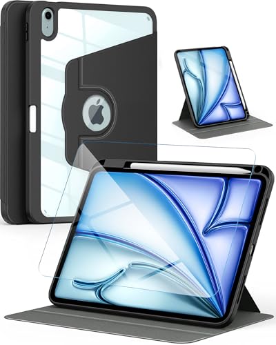 eller santé® 2IN1 Combo Back Flip Stand Cover Case + Tempered Glass for iPad Air 13 inch (M2) 360 Degree Pencil Holder Free-Angle Viewing with Adjustable Stand Auto Wake/Sleep- Black