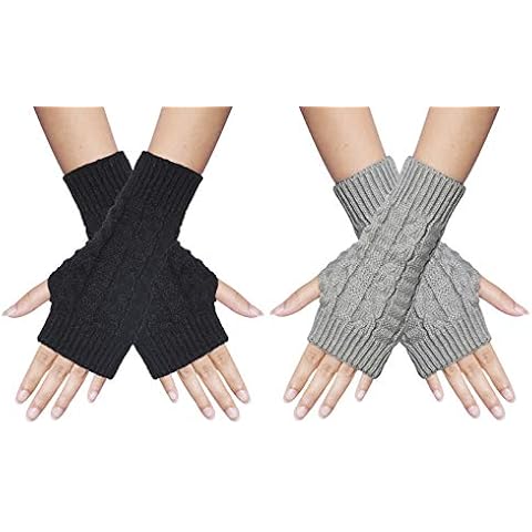 Chalier Fashion Women's 2 Pairs Fingerless Gloves Knit Mittens, Black + Light Gray, One Size Cover