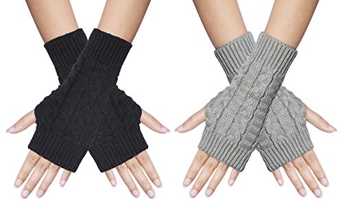 Chalier Fashion 2 Pares Guantes de Invierno para Mujeres, Mitones de punto caliente Manoplas Guantes de Mitad de Dedos (negro + gris claro)