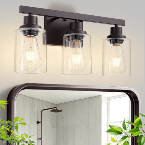 Image of 3 Light Bathroom Vanity Light,Oil Rubbed Bronze Vanity Lights 17 inch | Bronze Bathroom Light Fixtures over Mirror,with Clear Glass,Modern Wall Sconces for Bathroom,E26 Base