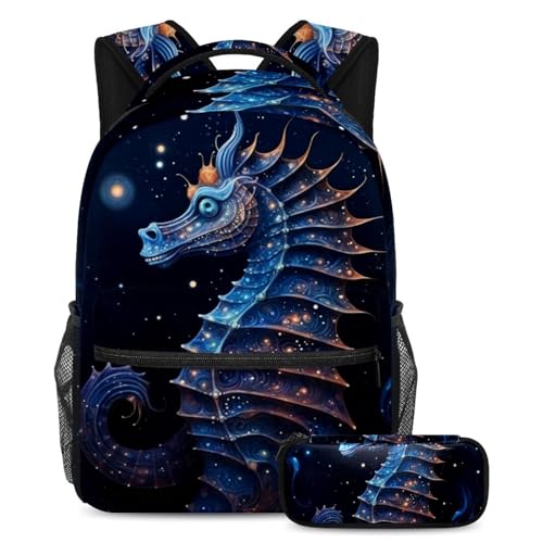 Sac à dos hippocampe galaxie bleu marine grand format avec sa trousse