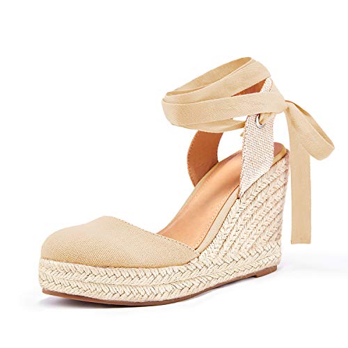Image of FISACE Womens Summer Espadrille Heel Platform Wedge Sandals Ankle Buckle Strap Closed Toe Shoes