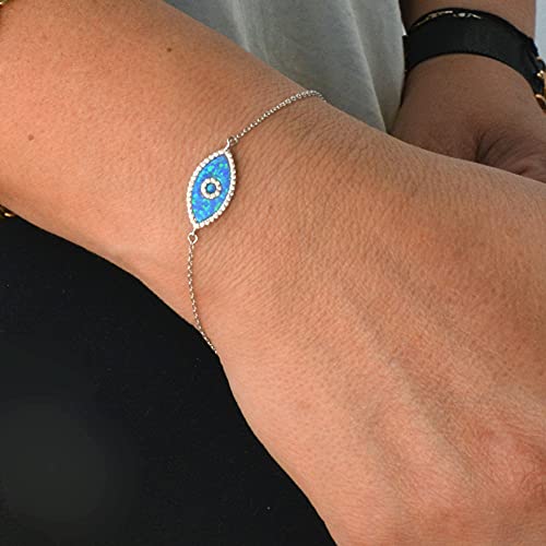 Custom Blue Opal Evil Eye Bracelet - 925 Sterling Silver Evil Eye Bracelet with CZ Stones, Protection Arm Band for Women, 7 + 1 Inch Extension - Image 3