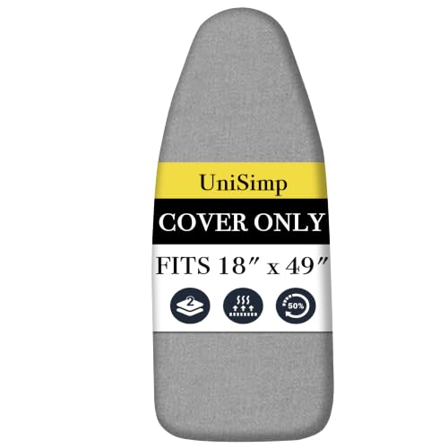 UniSimp Ironing Board Cover and Pad 18x49 Extra Thick Natural Cotton Scorch and Stain Resistant Iron Board Cover Wide Ironing Board Cover with Fasteners Heavy Duty Heatproof Elastic Edge Gray