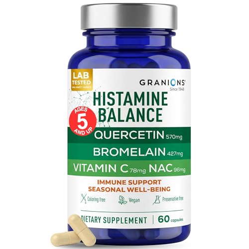 Granions Histamine Blocker Complex - 1 000mg Quercetin with Bromelain NAC and Vitamin C - D-Hist Seasonal Histamine Balance & Immune Support Supplement for Adults and Children - 60 Vegan Capsules