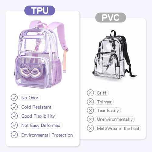 Image of Clear Backpack Heavy Duty For Stadiums Events,16in Large TPU Girls BookBag | Large capacity See Through Plastic backpack Stitch Durable Design 6-Pocket For School Girl Adults work Airport Quick Security