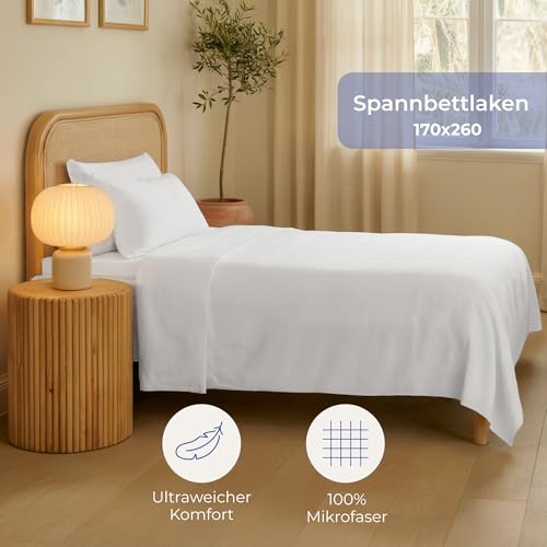 Dreamzie Bettlaken ohne Gummizug 170x260 Weiß - Flaches Mikrofaser Betttuch besonders weich für Einzelbett 80x190/90x190 - Oeko-Tex Zertifiziert