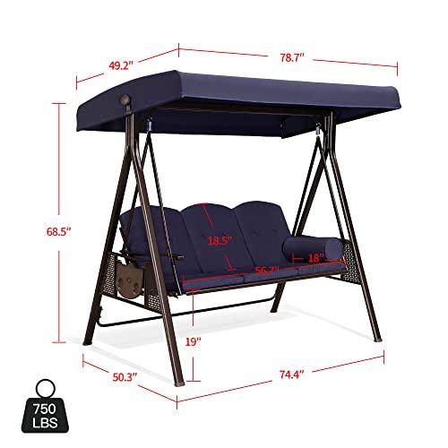 Purple Leaf 3-Seat Deluxe Outdoor Patio Porch Swing With Weather Resistant Steel Frame, Adjustable Tilt Canopy, Cushions And Pillow Included, Navy Blue #TOP6