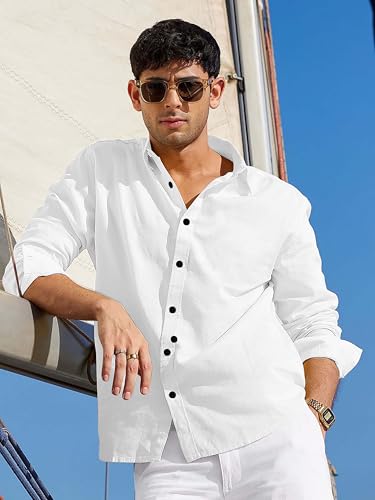 Image of Men's Linen Cotton Casual Shirt | Regular Fit Plain Shirt for Men | Long Sleeve Shirt for Casual & Formal Wear