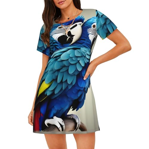 Robe de nuit légère femme avec imprimé perroquet bleu à manches courtes