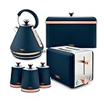 Tower Cavaletto 4 Piece Kitchen Set, 3kW 1.7L Pyramid Kettle, 2 Slice Toaster, Bread Bin & 3 x 1.3L Canisters, Midnight Blue, EEJB470