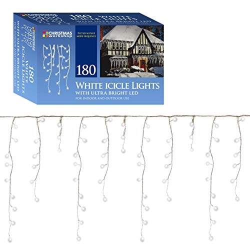 Christmas Workshop 86380 180 Icicle LED Outdoor Christmas Lights | 4.2 Metres | Bright White Colour | Indoor & Outdoor Fairy Lights | Weddings & Gardens | 8 Functions | Mains Powered