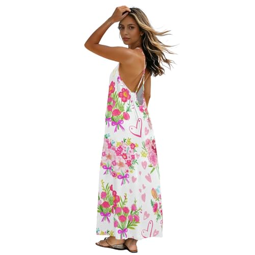 Robe longue d'été rose pour femme avec bouquet de fleurs et bretelles spaghetti chic