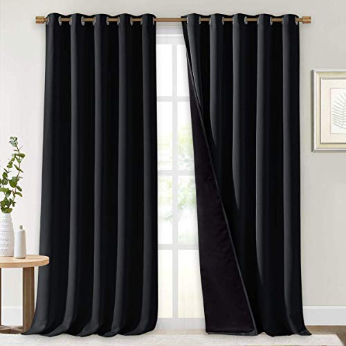 Image of NICETOWN Extra Long Truly Blackout Drapes for Hall and Villa, 100% Blackout Window Curtain Panels with Black Lined for Night Shift Worker, 70-inch Width Each Panel, 108-inch Length, Black, 2 Pieces