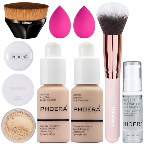 PHOERA Full Coverage Foundation, Primer, Powder Makeup Set including Kabuki Brushes and Sponges (101+102/Porcelain+ Nude)