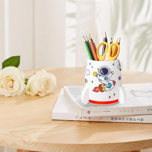Image of AccuPrints Sumiko Cute Astronaut Pen Pencil Holder, Pen Stand for Office Desk Organizer, Creative Pen Cup Organizer for Kids, Desk, School Classroom, Office (White)