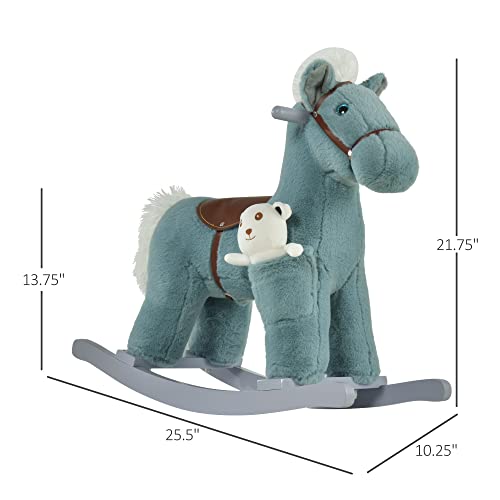 Qaba Kids Plush Ride-On Rocking Horse With Bear Toy, Children Chair With Soft Plush Toy & Fun Realistic Sounds, Blue #TOP2