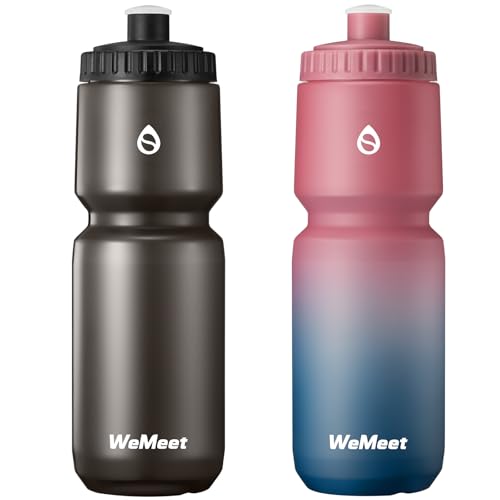 WEMEET Sport Squeeze Water Bottle with Capacity Scale, 32oz Bike Water Bottle with Bite Valve, for Cycling, Running, Fitness (Black & Red Blue, 2-Pack)