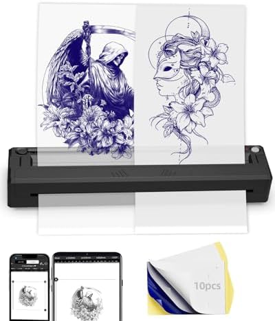 New Tattoo Stencil Printer - Fits A4-A8 Width Thermal Paper, Portable Wireless Bluetooth Thermal Tattoo Kit, Includes 10 Transfer Papers, for Artists & Beginners, Phones/Tablets/PC - Black