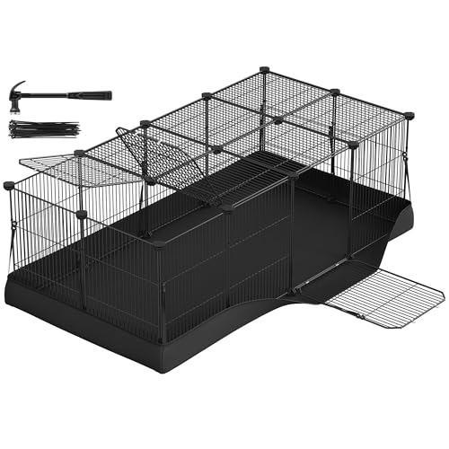 SONGMICS Small Animal Playpen Cage with Waterproof Mat Top and Side Door for Rabbits Guinea Pigs 20 Panels 123 x 63 x 41.5 cm Ink Black LPI012BH01