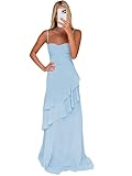Cozcy Light Blue Prom Dresses for Teens 2026 Ruffle Chiffon Spaghetti Straps Formal Evening Dress Size 0