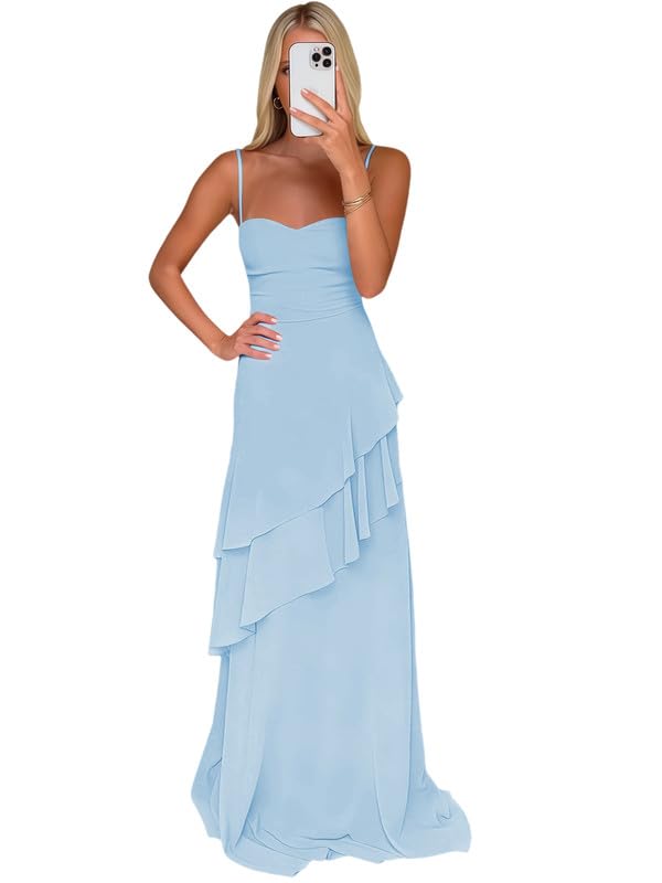 Cozcy Light Blue Prom Dresses for Teens 2026 Ruffle Chiffon Spaghetti Straps Formal Evening Dress...