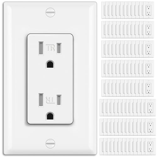 BESTTEN 15 Amp Decor Receptacle Outlet, Decorator Tamper Resistant Outlet, Residential and Commercial Use, Wallplate Included, 15A/125V/1875W, UL Listed, 100 Pack, White