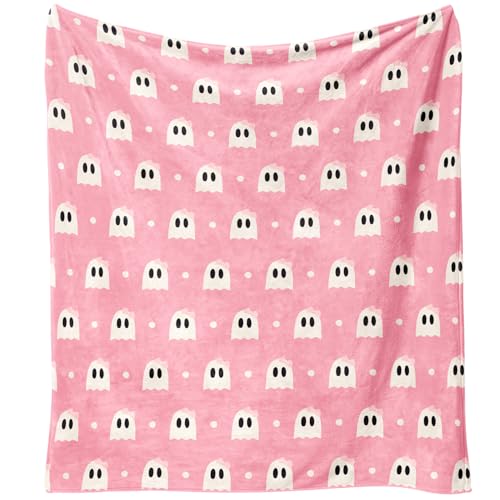 Yiyhuxf Halloween Blanket,Halloween Pink Polka Dots Spooky Ghost Fleece Blankets, for Women Flannel Throw Blanket for Home Living Room Couch Bed Chair or Dorm Decor 60"x50"