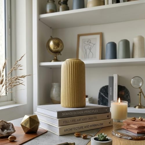 Image of KREATIVE ART'S Modern Ribbed Design Ceramic Flower Vase for Living Room, Flower Pots for Artificial Flower, Home Decoration Item, Home Decor, Vases for Living Room (Textured Brown, Small)
