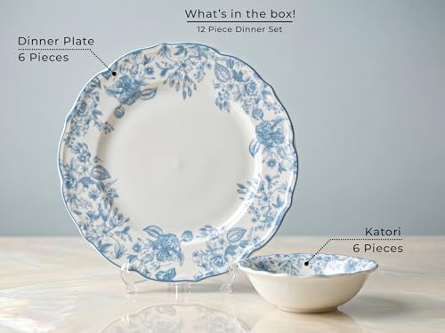 Image of Bodhi House Porcelain Dinner Set 14 Pieces - Blue Leaf White Dinnerware Set | 6 Dinner Plates, 6 Katori Bowls, 2 Serving Bowls | Premium Crockery Set for Dining, Kitchen & Gifting