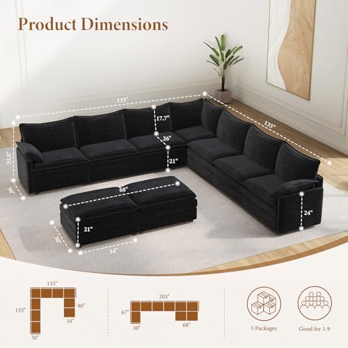 Image of Vesgantti Large Modular Sectional Sofa, Big Comfy Cloud Couch with Ottoman Deep Seat Corduroy Cloud Sofa, 9 Seater Large Sectional Couches for Living Room, Bedroom and Apartment, Black
