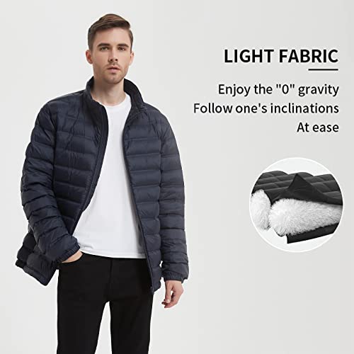 Image of Men's Fashion Thin Puffer Coat With Pocket Standing Collar Duck Down Winter Coat Lightweight Heat Retaining(Navy-8009#,L)