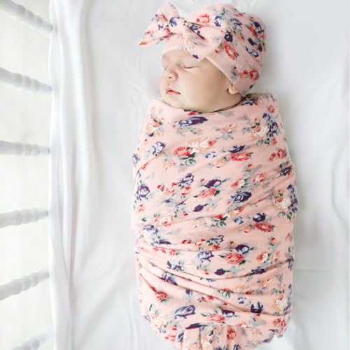 Image of DRESHOW BQUBO Baby Girl Newborn Receiving Blanket with Bow Hat Headband Wooden Birth Announcement Card Set Baby Floral Print Nursery Swaddle Wrap