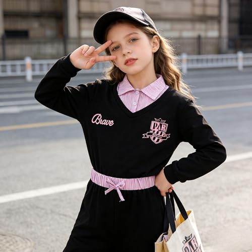 Image of Yoxindax Girls 2-Piece Clothes 2 In 1 Collared V-Neck Sweatshirt Wide Leg Contrast Color Pants Winter 7-14Y Outfits Set