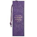Christian Art Gifts Vegan Leather Scripture Bookmark for Women: Strength and Dignity - Proverbs 31:25 Inspirational Bible Verse Heat-Debossed, Faith-Based Reading Accessory w/Tassel, Purple Sunflower