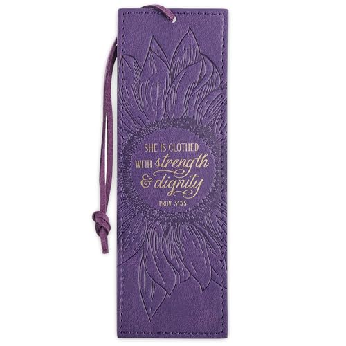 Christian Art Gifts Vegan Leather Scripture Bookmark for Women: Strength and Dignity - Proverbs 31:25 Inspirational Bible Verse Heat-Debossed, Faith-Based Reading Accessory w/Tassel, Purple Sunflower