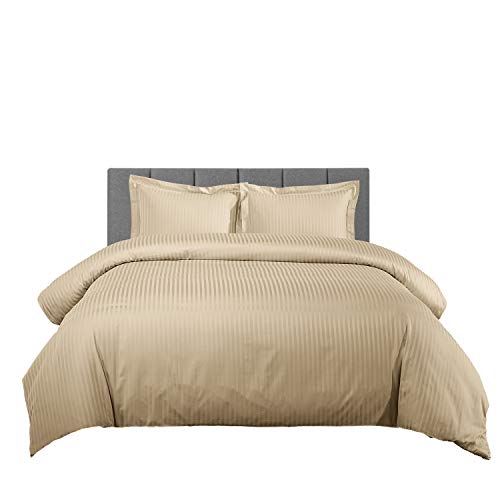Apsley Linen Damask Stripe Egyptian Cotton 3-PCs Duvet Cover Set with Cornor Ties Zipper Closure Luxury Bedding Set High Thread Count Long Staple Sateen Weave Silky Soft Breathable (Queen, Beige)