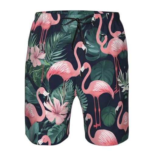 Pink Flamingo Print Men's Swim Trunks | Quick Dry Drawstring Beach Shorts4
