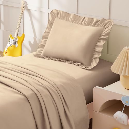 Image of KKJIAF 3 Piece Toddler Sheet Set Microfiber, Includes a Flat Sheet, a Fitted Sheet and a Ruffle Pillowcase, Khaki