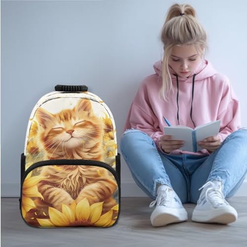 HUGS IDEA Sunflower Orange Cat Backpack for Girls 4-6 with Lunchbox Cute Cat School Bags for Toddler Girls 3 Packs Backpack with Lunch Box Bag Pencil Case Kids Outdoor Sports Travle Bag4