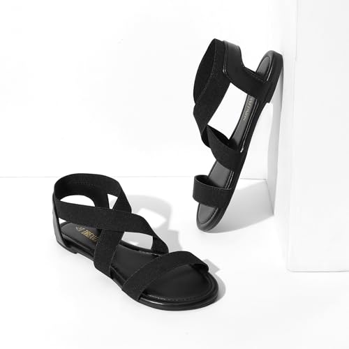 DREAM PAIRS DREAM PAIRS Women's Elastic Ankle Strap Flat Sandals Summer Dressy Shoes Cute Strappy Gladiator Sandals,Size 10,All Black-Elastic,ELATICA-6