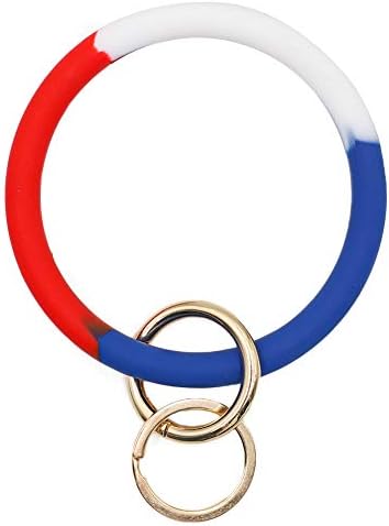 Mwfus Bangle Key Ring Chain Bracelet, Round Silicone Wristlet Keychain Holder for Women Girls (Red Blue White)