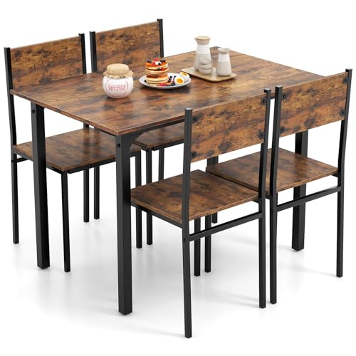 Giantex Dining Table Set for 4, 5-Piece Modern Kitchen Table and Chairs with Metal Frame & Adjustable Foot Pads, Space Saving Wood Dinette Set for Small Space, Breakfast Nook, Apartment (Brown)