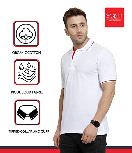 Image of Scott International Men's Organic Cotton Regular Fit Polo T-Shirt (White with Red, 2XL)