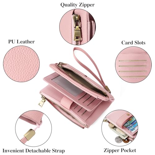 SENDEFN Small Wallet for Women Leather RFID Blocking Wristlet Wallet Credit Card Holder with Double Zipper Coin Purse Ladies Bifold Purse3