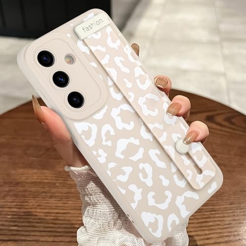 Image of Compatible with Samsung Galaxy S24 Case with Strap Wrist White | Cheetah Print Shockproof Soft TPU Protective Cover for Women Girls, Slim Anti Scratch Case 6.2 Inch, White