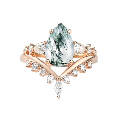 Pear Cut Moss Agate Bridal Ring Set for Women 1CT Teardrop Natural Moss Agate Wedding Ring Set 925 Sterling Silver 10K 14K 18K Gold Engagement Ring Set for Women