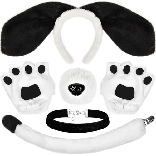 Gofriipai Black Dog Ears Headband Nose Tail Bowtie Paw, 5PCS Puppy Ears Costume Accessories Set for Adult Halloween Cosplay