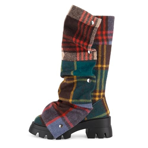 sexytag Platform Slouchy Mid Calf Fold Over Boots Ruched Detachable Snap Button Combat Boots for Women Block Chunky Heel Lug Sole Round Toe Pull On Western Fall Fashion Boot Multicolor Plaid Size 10