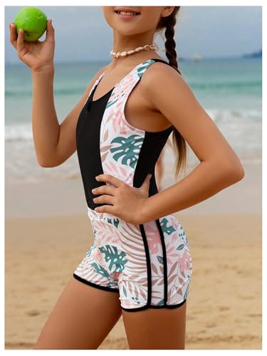 Girl's 2 Piece Tropical Plant Print Swimsuits Zip Up One Piece Bathing Suits with Beach Shorts4